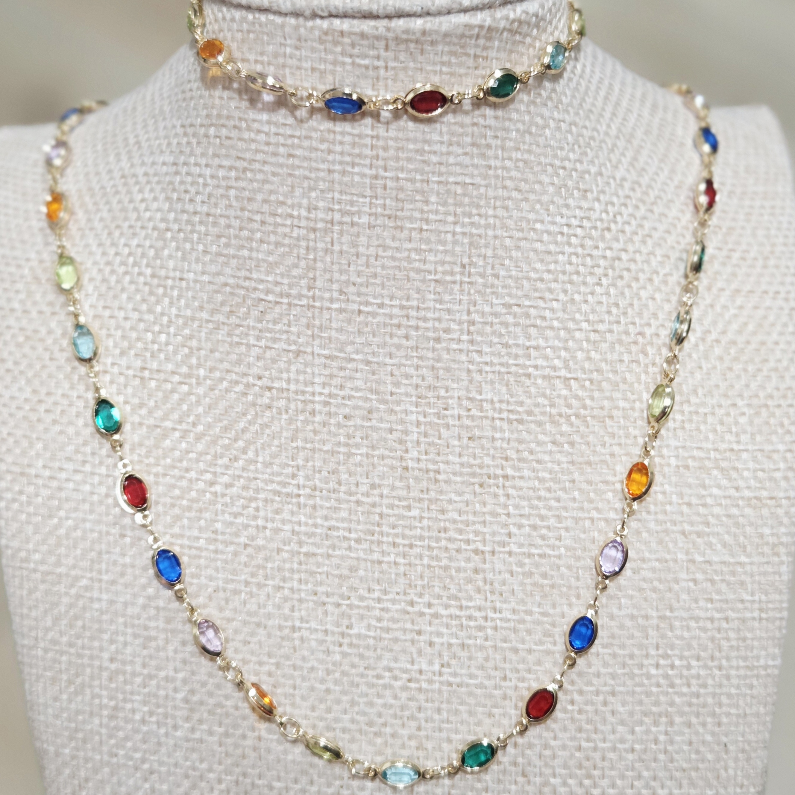 Multicolor Gemstone Station Necklace And Bracelet Set - Gold Filled
